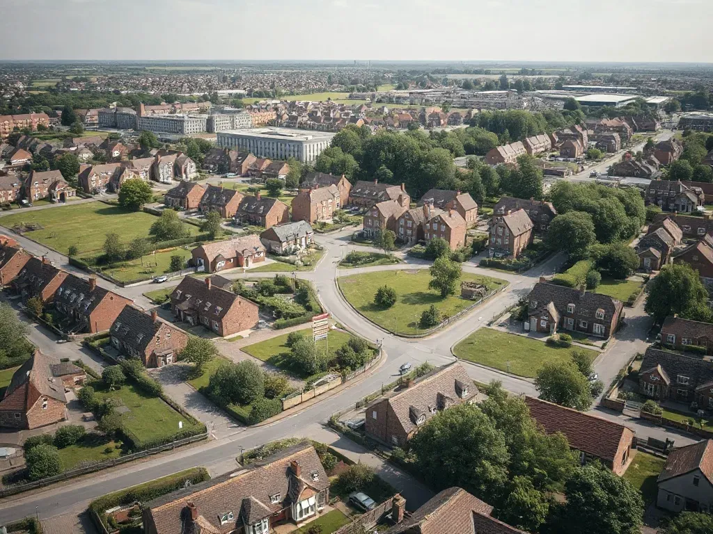 An elevated view across a site relevant to garden city plot layout near Gravesend
